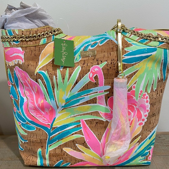Lilly Pulitzer Seaside Reversible Tote Beach Gold Metallic SHOW STOPPER GRAIL - Picture 1 of 5